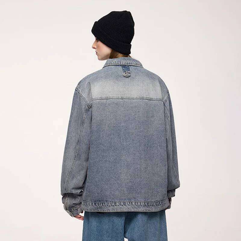IATION Men's Vintage Washed Denim Jacket Unisex American Loose Fit Casual Outerwear With Stud Design Coat