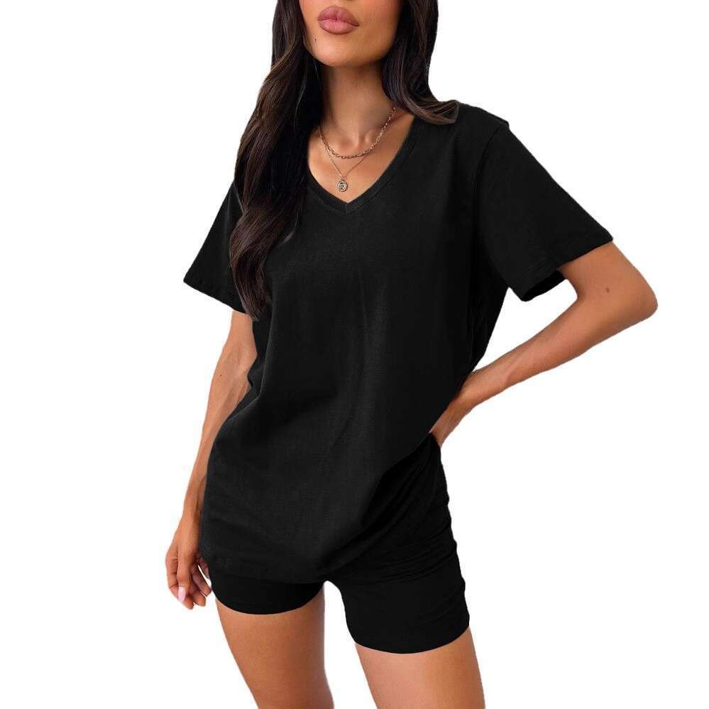 2025 Summer Solid Color Short Sleeve Set Women's Fashion V-neck Casual Style Hot Sale Simple Design