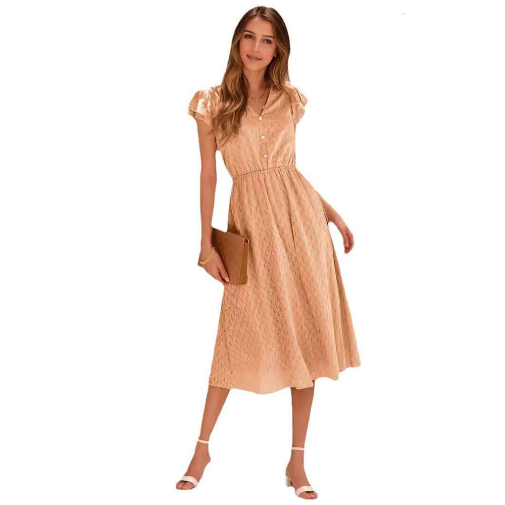 2025 Spring/Summer New Casual Solid Color V-neck Waist-cinching Fresh Style Women's Dress