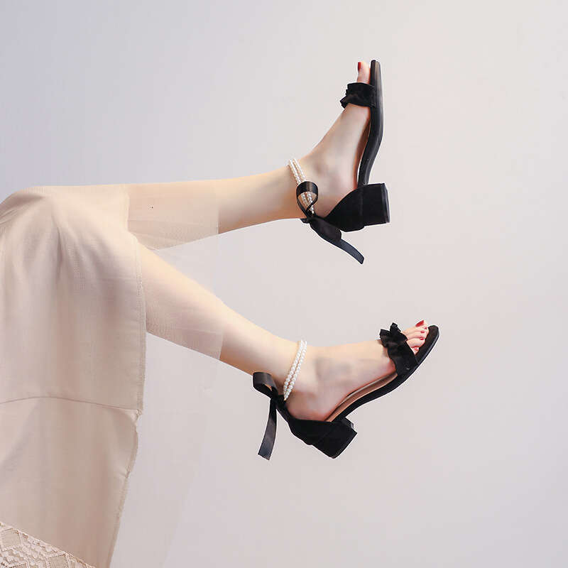 Women's Sandals Summer 2025 New Versatile Chunky Heel One-Strap Pearl Two-Way Fashion Matching Dress High Heels