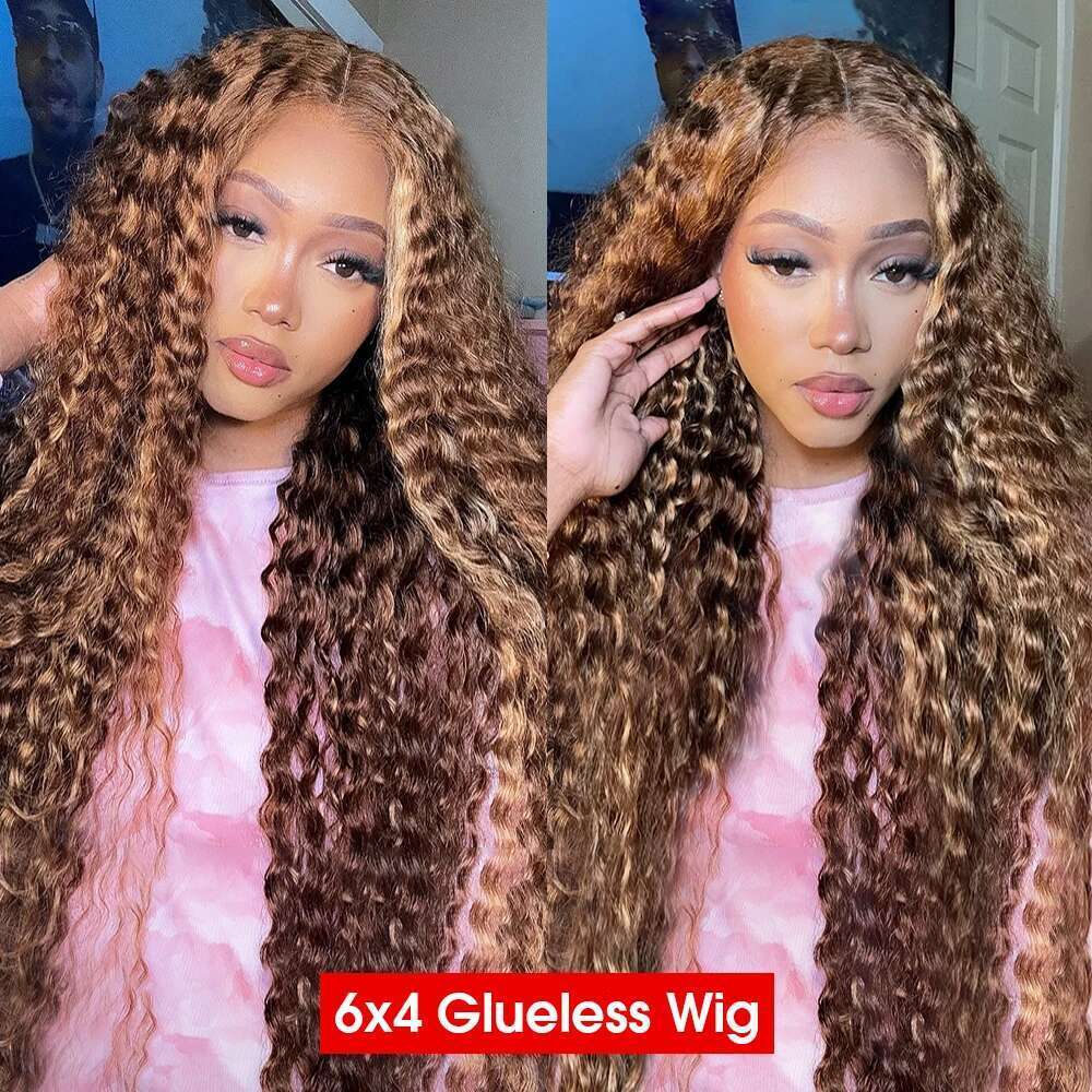 Highlight 13x6 Hd Frontal 6x4 Glueless Human Hair Pre Cut Ombre Curly Wigs 13x4 Lace Wig 200%