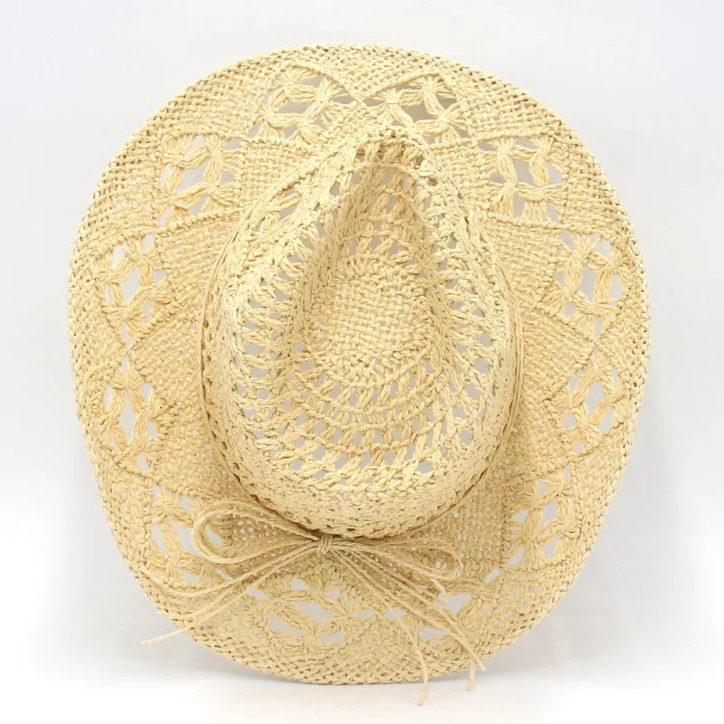 Hand woven western cowboy hats for women black straw hat men summer flanging sun visor hat hollow sombreros beach hat 250526