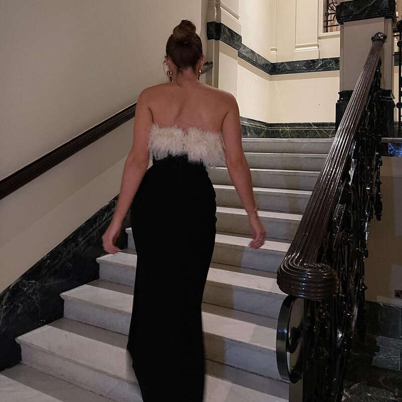2022 Winter Sexy Hot Girl Off-Shoulder Furry Tube Top Slit Dress for Women