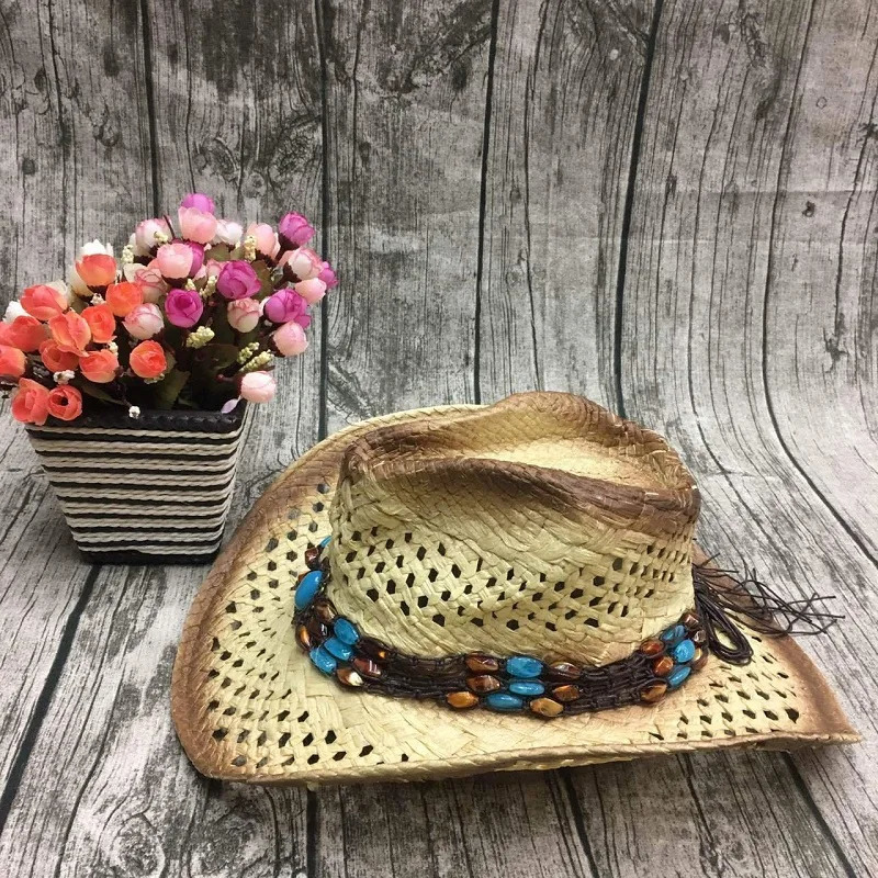 Summer Men Handmake Raffia Hollow Cowboy Hat With Punk Rope Women Western Wide Curling Brim Cap Sun Protection Unisex Hats 250526