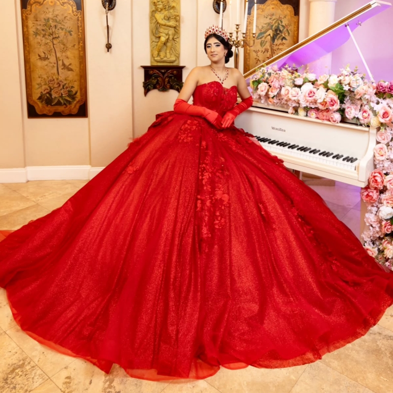 Red Shiny Quinceanera Dresses Ball Gown Off The Shoulder Applique Lace Beading Bow Tull Party Birthday Sweet 16 Dress Vestidos 15 Anos