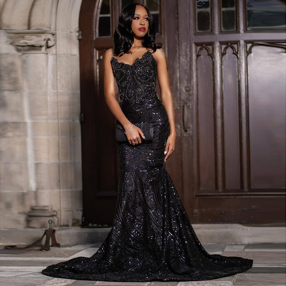 Black Sequin Prom Dresses 2025 Crystal Rhinestone Mermaid Party Dress Long Sheer Neck Evening Gowns vestidos de gala Customized