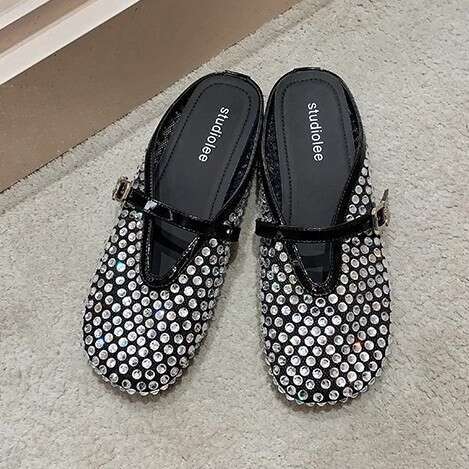 Grape Mom Same ~ Style Full Diamond Fishnet One-Strap Lazy Head Wrap Breathable Half Slippers for Summer Outdoor Wear