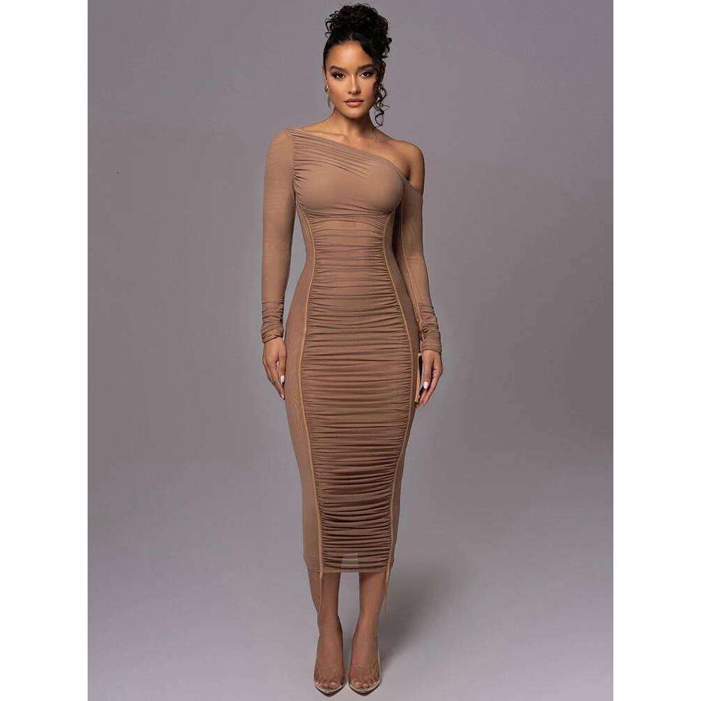 Mozision Diagonal Collar Sleeve Midi For Women Two Layer Mesh Backless Ruched Bodycon Club Party Sexy Long Dress