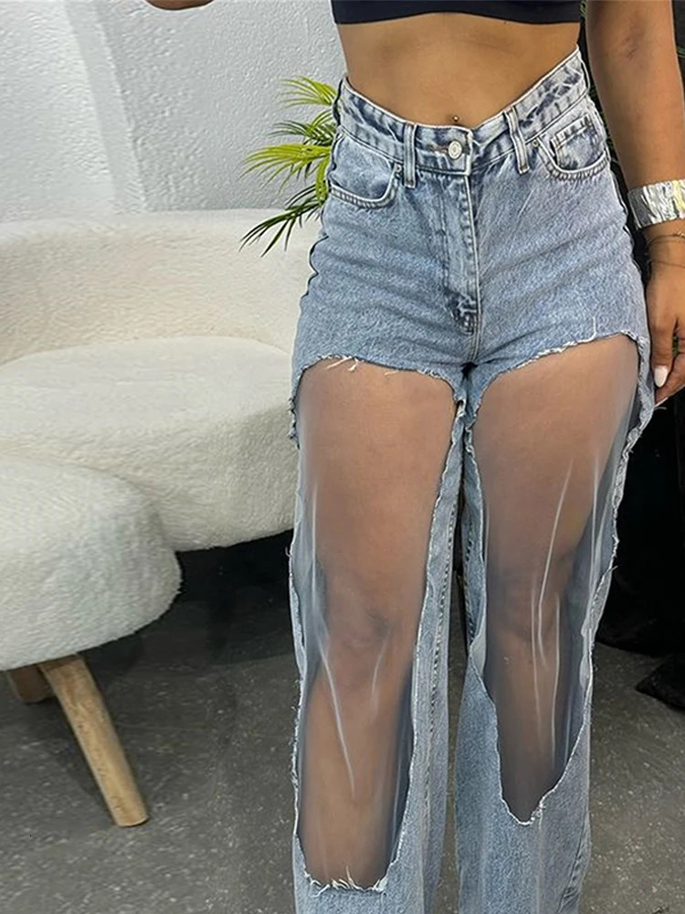 Y2k Cutout Gradient Womans Denim Pants Mesh Patchwork Low Rise Jeans for Women Baggy Wide Leg Dragging Vintage Trousers 250516Z