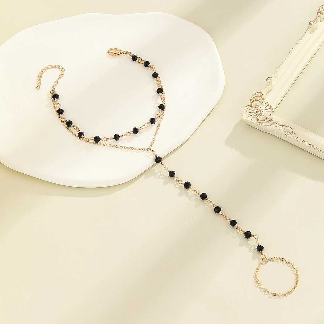 Black Beads Link Chain Bracelets Connected Finger Ring Bangle For Women Girls Bohemia Double Layer Chain Bracelet Party Jewelry W250526