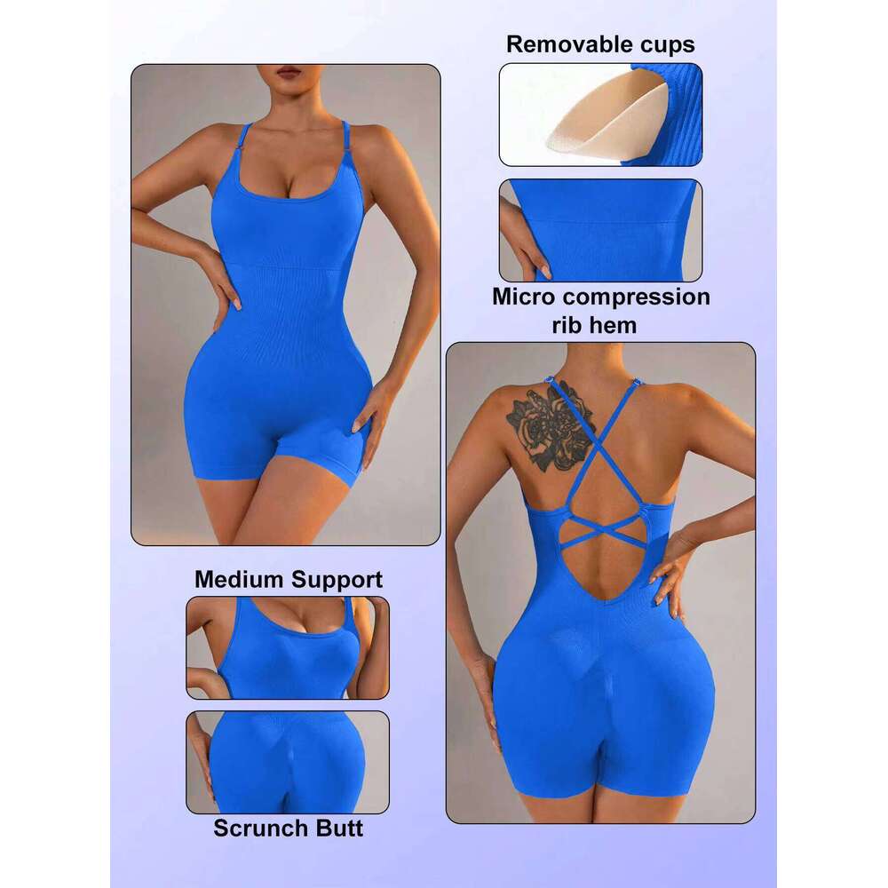 DHEssentials Dance Sports Leotard Sportswear Gym Fitness Set Cross Backless Shorts One-piece Yoga Suit Women's Jumpsuit