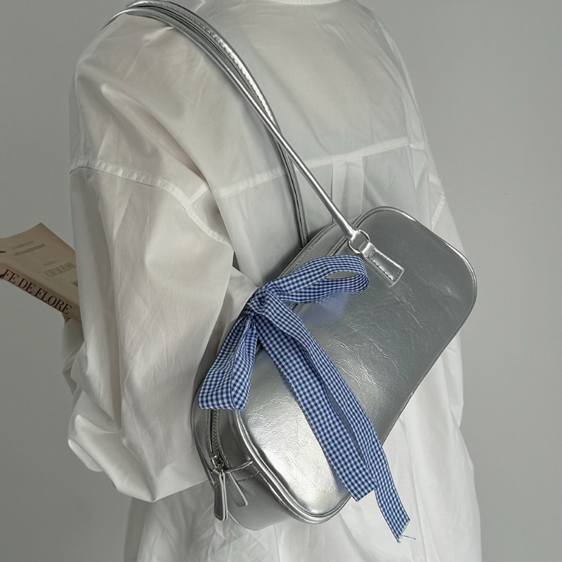 Bow Portable Silver Bag Women's New Niche Underarm Bag Large Capacity Bag