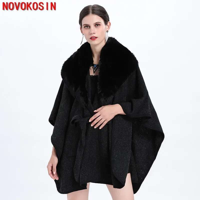 5 Colors Women Outstreet Poncho Wear Winter Thick Cardigan Big Rabbit Fur Turn-down Neck Long Cloak Front Tie Belt Loose Coat