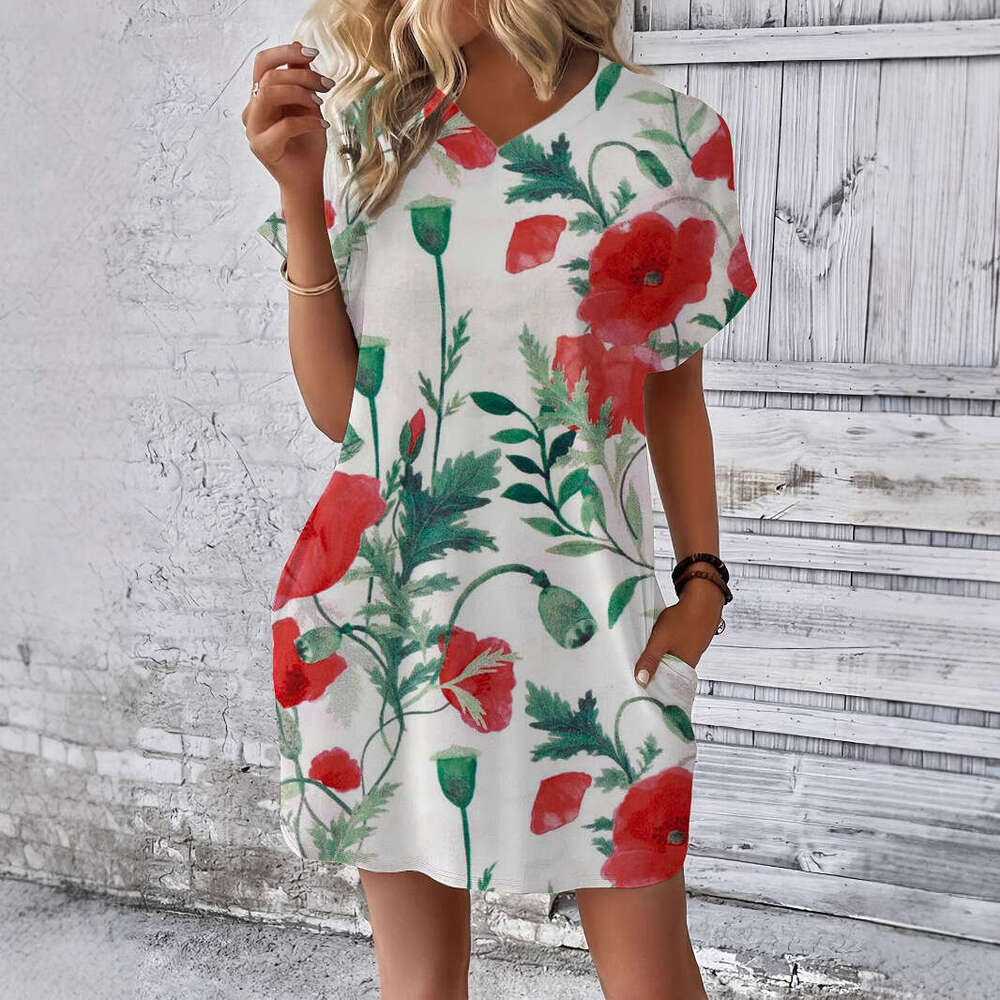 2025 New Printed Women's Fashion Casual Short Sleeve V-neck Pocket Dress for Women