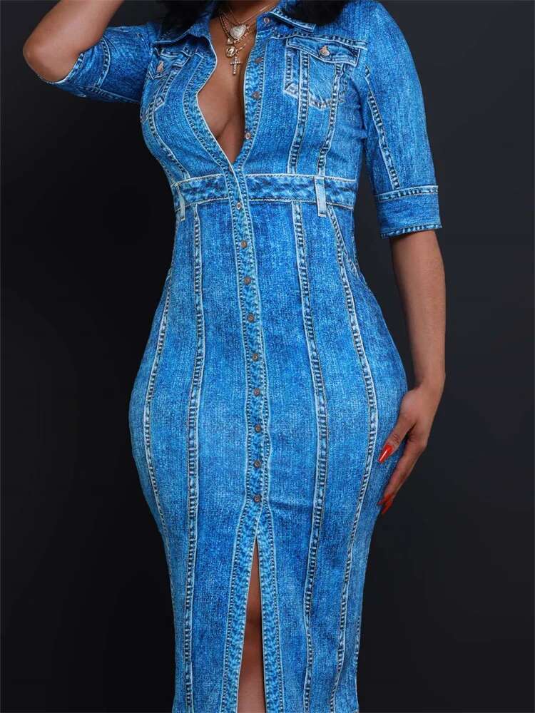Women Denim Dress Solid Summer New Single Breasted Casual Loose Simple Retro Female Office Shirt Dresses