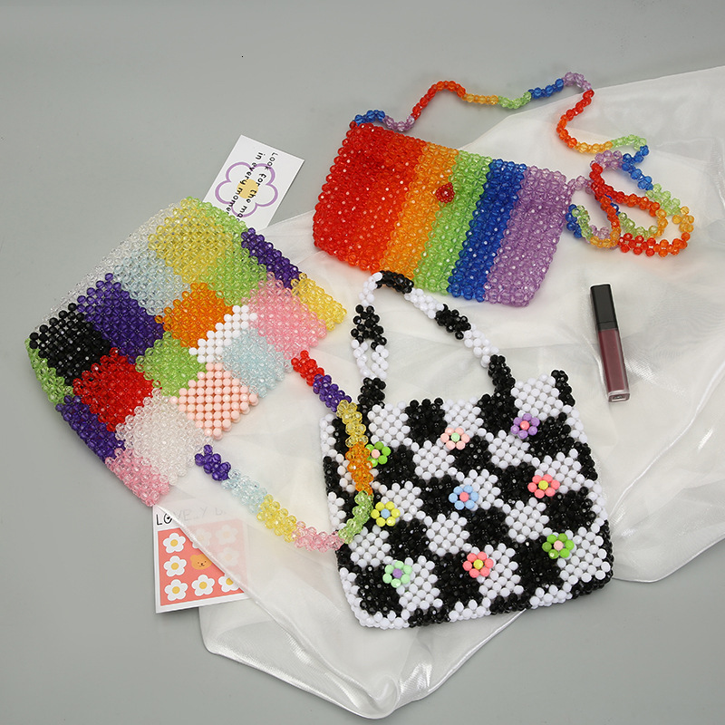 Brand High Quality New Style Creative Color-Block Handheld Pearl and Style Internet Celebrity Handwoven Pearl Woven Tote Elegant Decorative Storage Ne