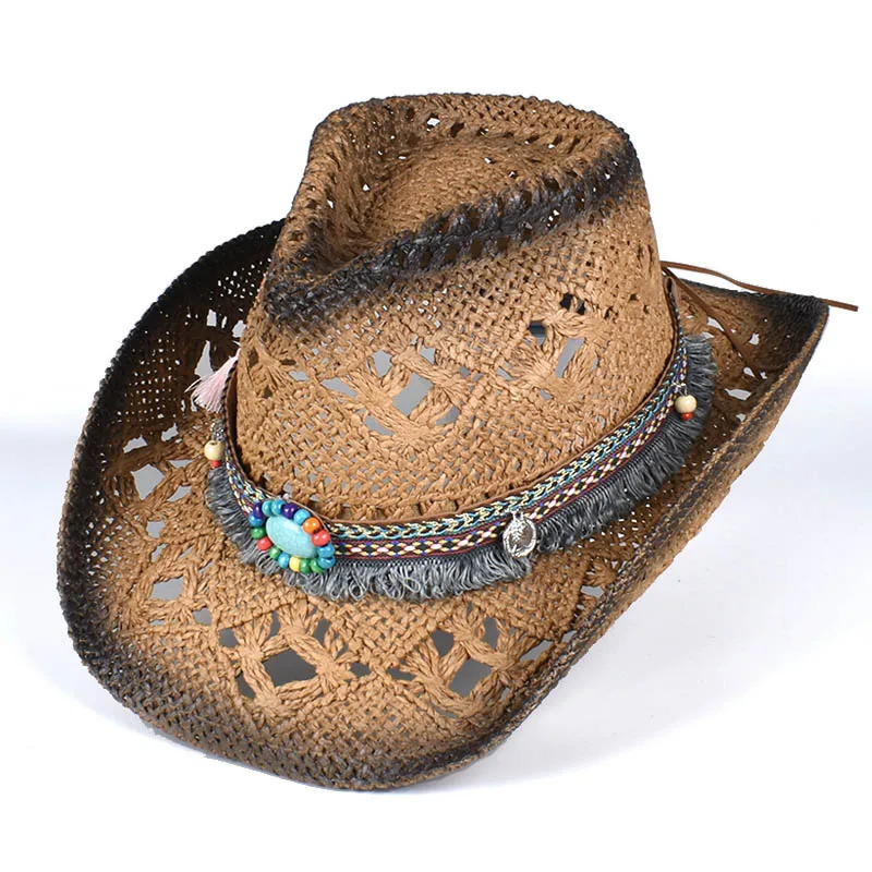 Western Bohemia Cowboy Hat Women Men Summer 2025 Vintage Beach Straw Cap Sun Hats Panama Cowgirl Jazz Cap Sombrero Hombre 250526