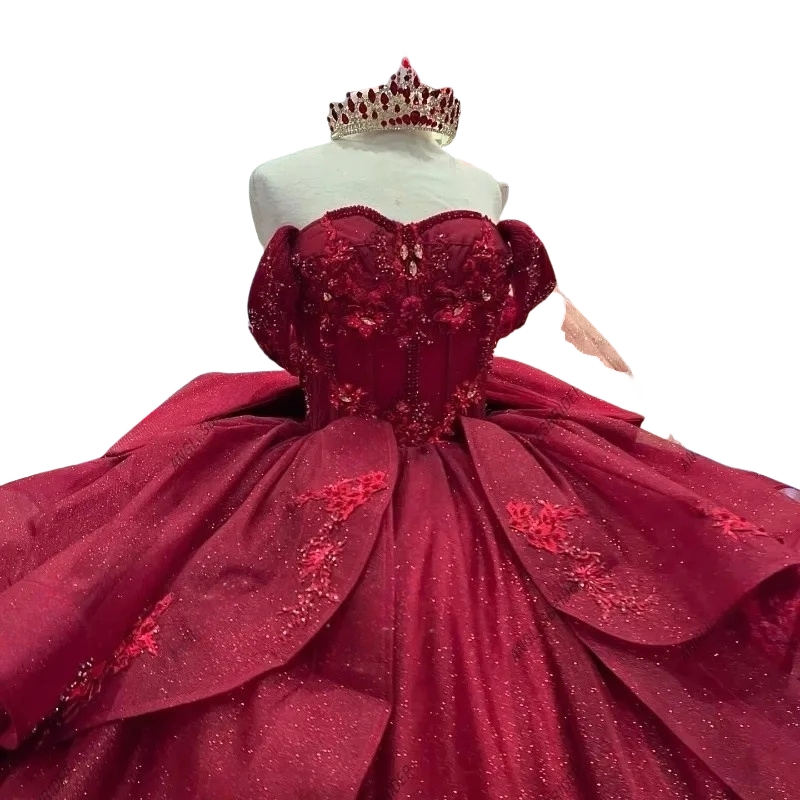 Sparkly Burgundy Quinceanera Dresses Off Shoulder Appliques Lace Beading Ball Gown Tull Tiered Birthday Party Vestidos 15 Anos Bow Back