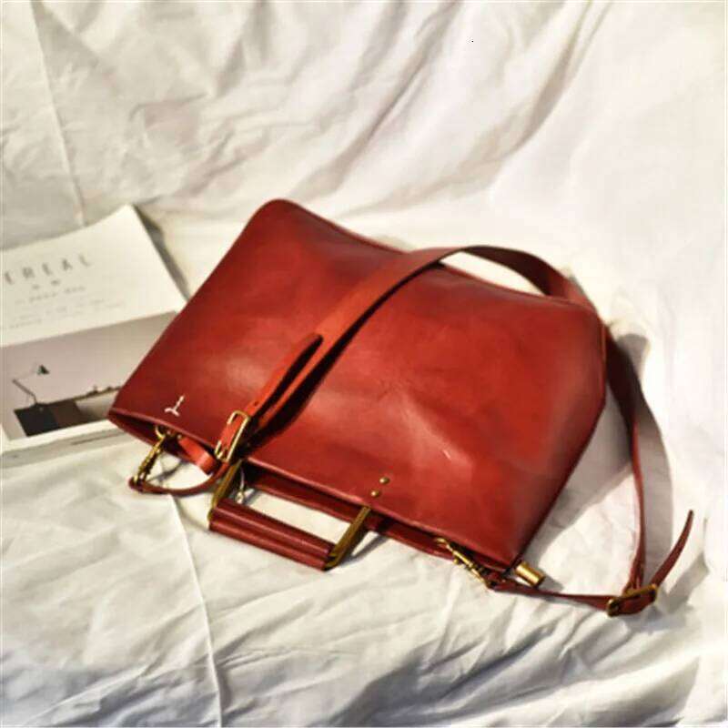 Retro Handmade Natural Genuine Leather With Metal Handles Simple Personality Handbags Cowhide Shoulder Messenger Bag