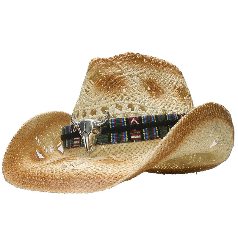 Big Ox Head Belt Hollowed Out Women Men Unisexs Retro Raffia Straw Wide Brim Sun Beach Cowboy Cowgirl Western Hat 58cm 250526
