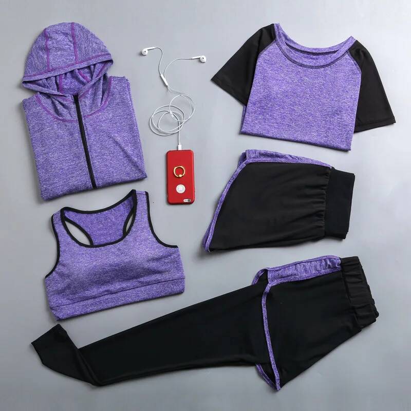 Quick dry yoga clothing hooded coats+t shirt+bra+shorts+pants sets women autumn outdoor running sportswear gym Suits