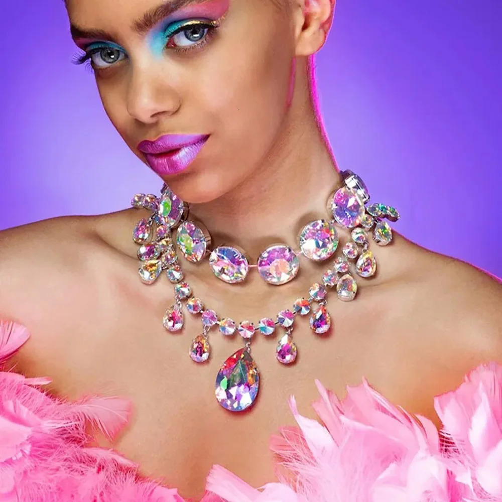 Glass Crystal Big Water Drop Statement Choker Necklace for Women Rhinestone Large Collar Wedding Jewelry Summer 250519