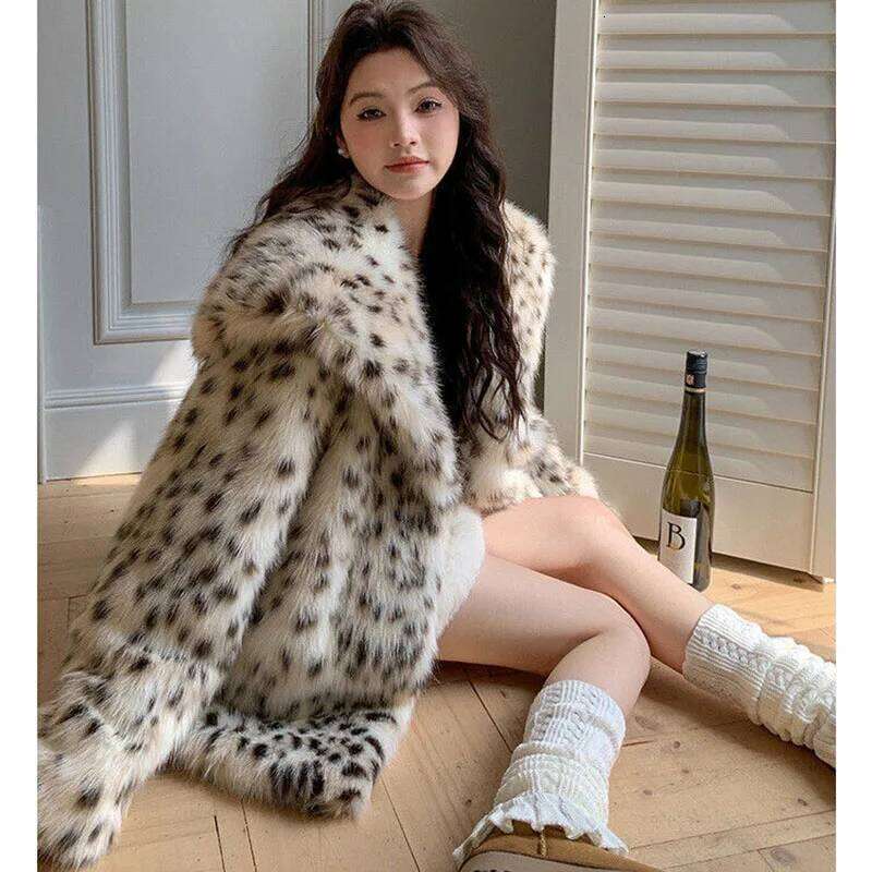 Thicke Jacket Women's Outwear Autumn Winter New Eco-Friendly Faux Fox Leopard Print Lapel Fur Coat