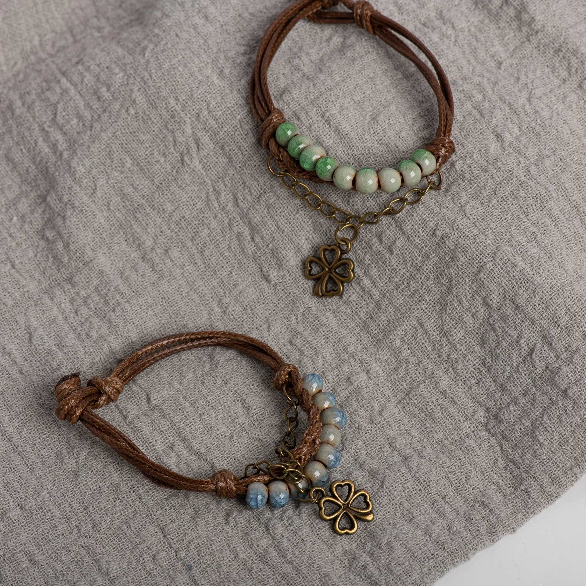Lucky Four Leaf Clover Ceramic Bracelet Handmade Wax Cord With Crackle Beads Blue And Green Options Vintage For Women Gift W250526