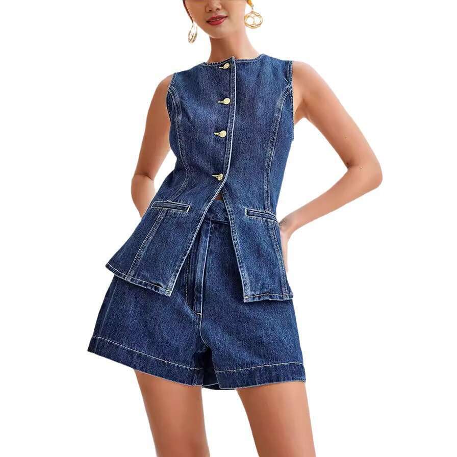 2025 Summer Fashion Casual Sleeveless High-Waisted Women's Set with Denim Shorts