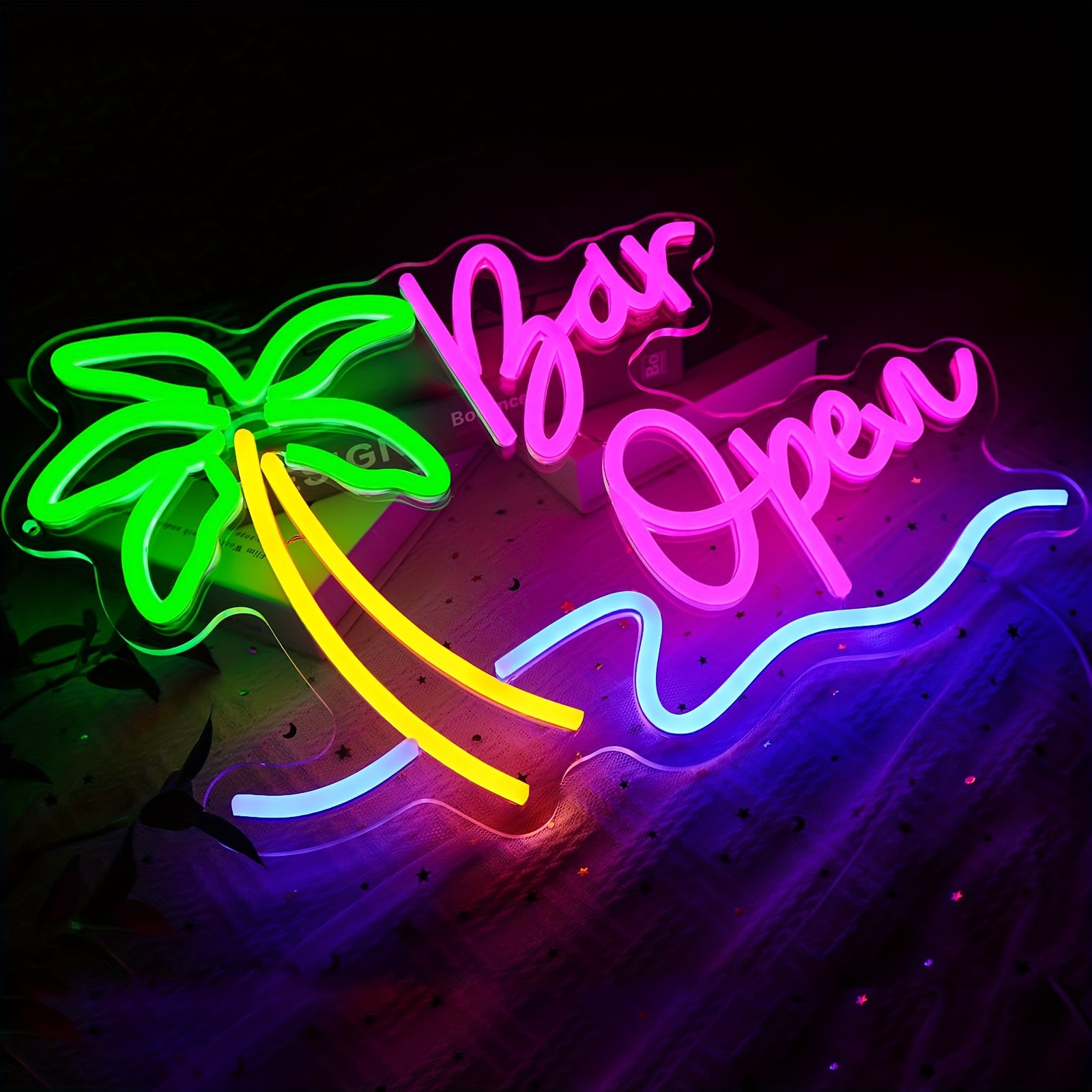 BAR open Tropic Neon Sign Palm Tree Neon Signs for Wall Decor Hawaiian LED Neon Lights Coconut Tree Tropic for Bedroom Bar Party Men Cave Game Room Se