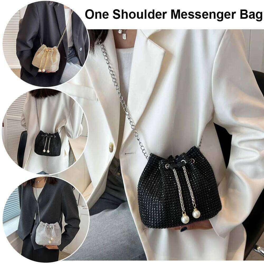 Women Chain Crossbody Solid Color Rhinestone Glittering Satchel Drawstring Shinny Sling Purse Dinner Party Bag