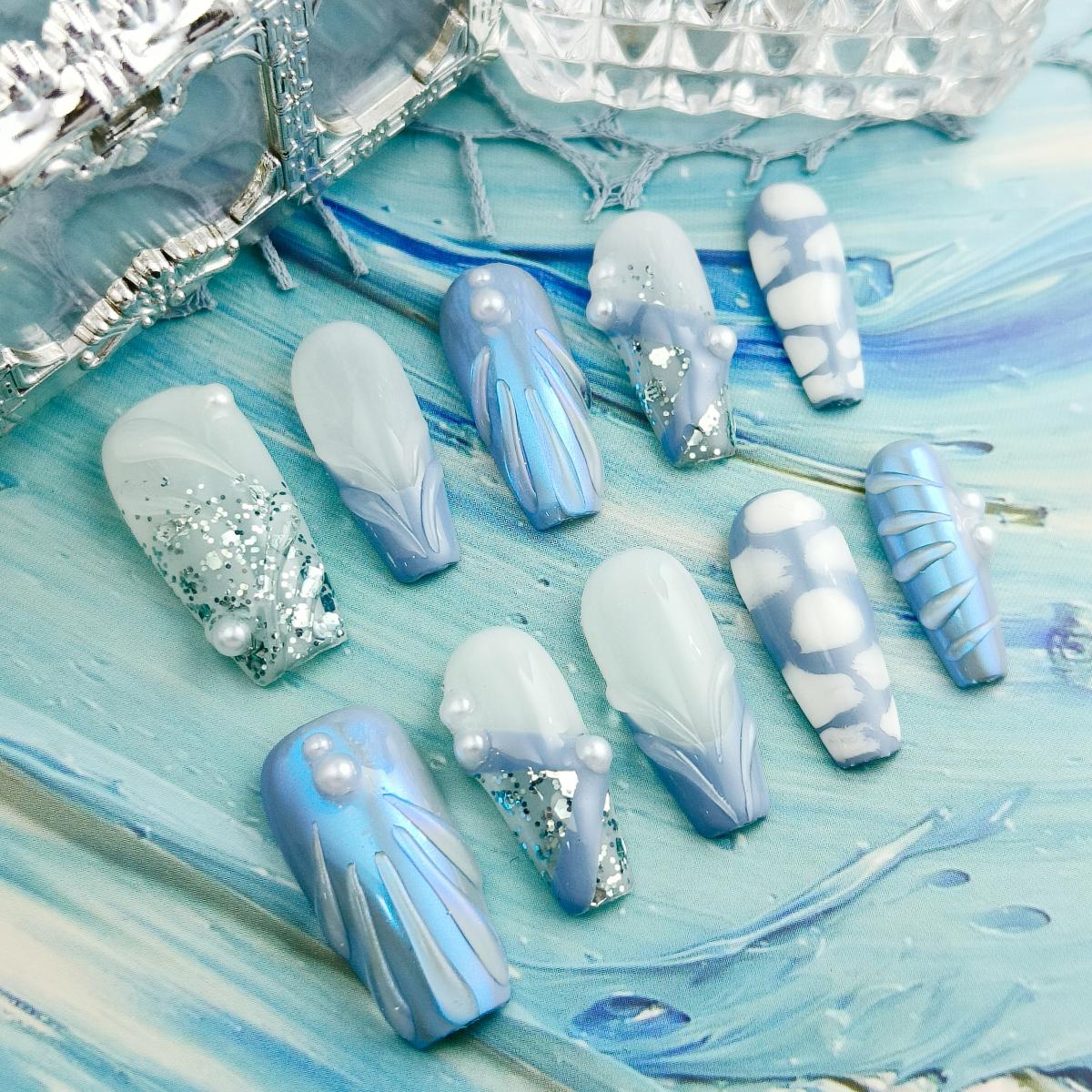 10pcs Handmade Press-on nails Long Coffin Nails 3D Hand drawn Fake nails Bundle Sweet Pearl Sequin Finished nail stickers Free storage box jelly glue 