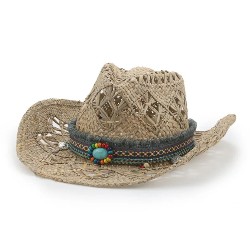 Spring Summer Hand-Knitted Rolled Brim Cowboy Straw Hat Western Beach Sun Hats Party Cap Hollow Ethnic Style Jazz Hat Sombrero 250526