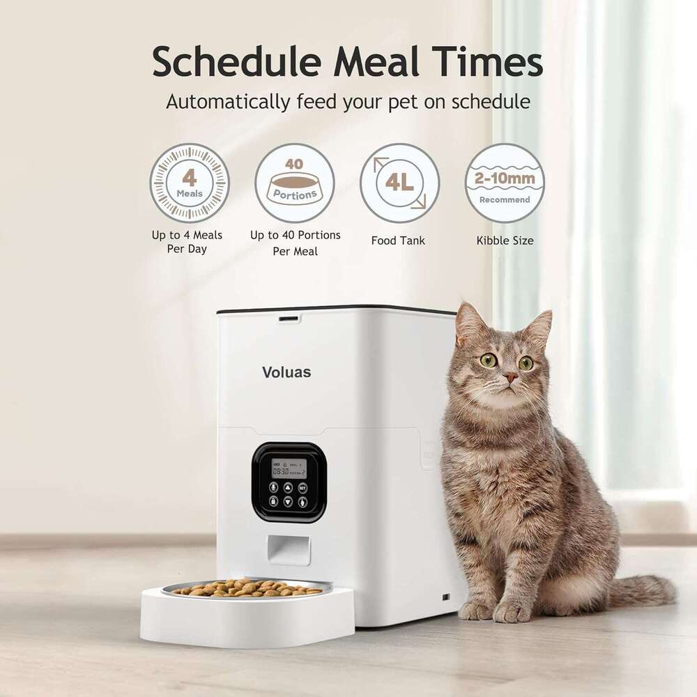 VOLUAS Automatic Cat Feeders - Timed Pet Feeder for Cats and Dogs with Dry Food Dispenser, Desiccant Bag, Programmable Portion Control, 4 Daily Meals,
