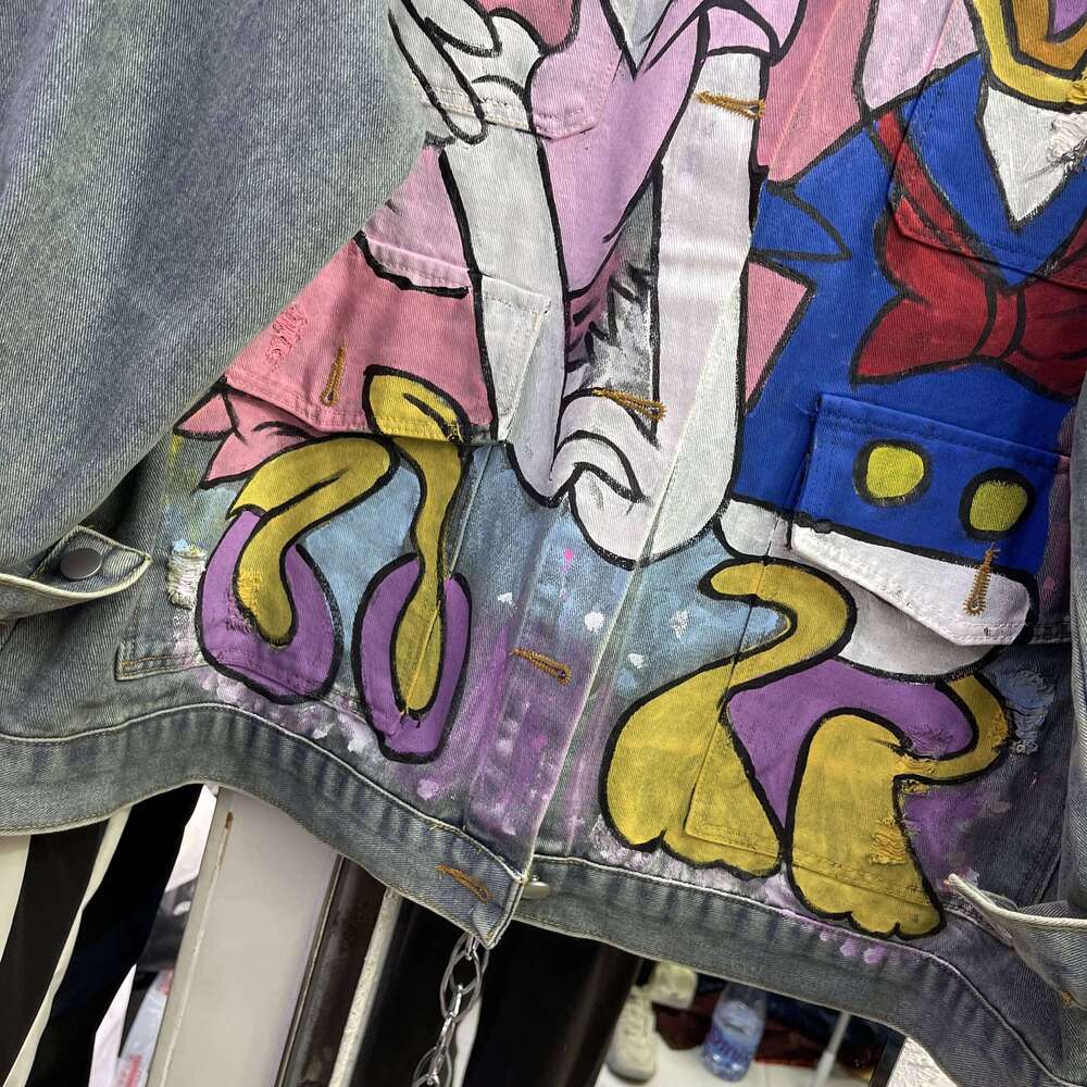 Autumn Hand-Painted Graffiti Denim Jacket Loose Mid Length Cartoon Printed Top Street Fashion Made Old Ripped Jackets For Women