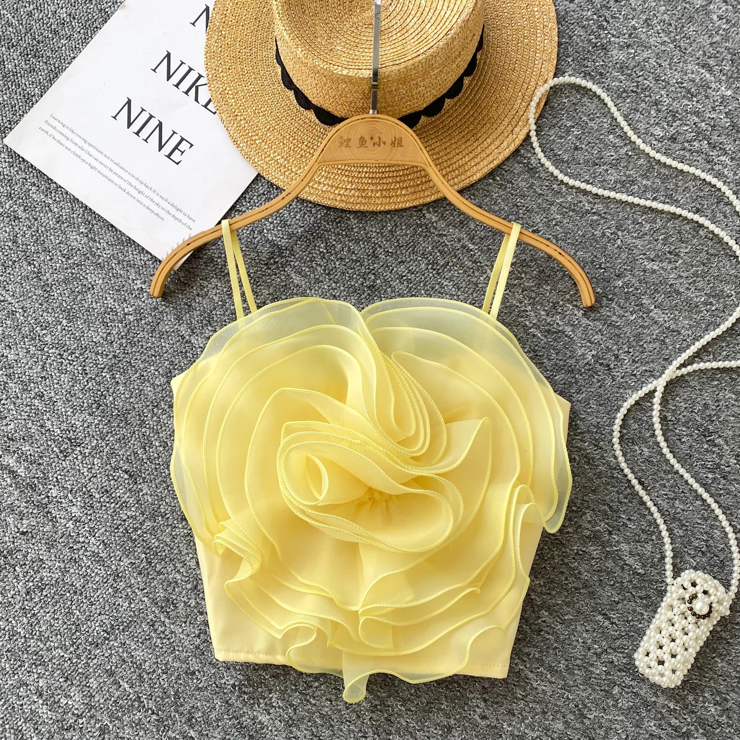 Summer Spaghetti Strap Mesh 3D Flowers Tank Top for Women Strapless Lace Skinny Camisoles Stretchy Back Camis Clothing 250523