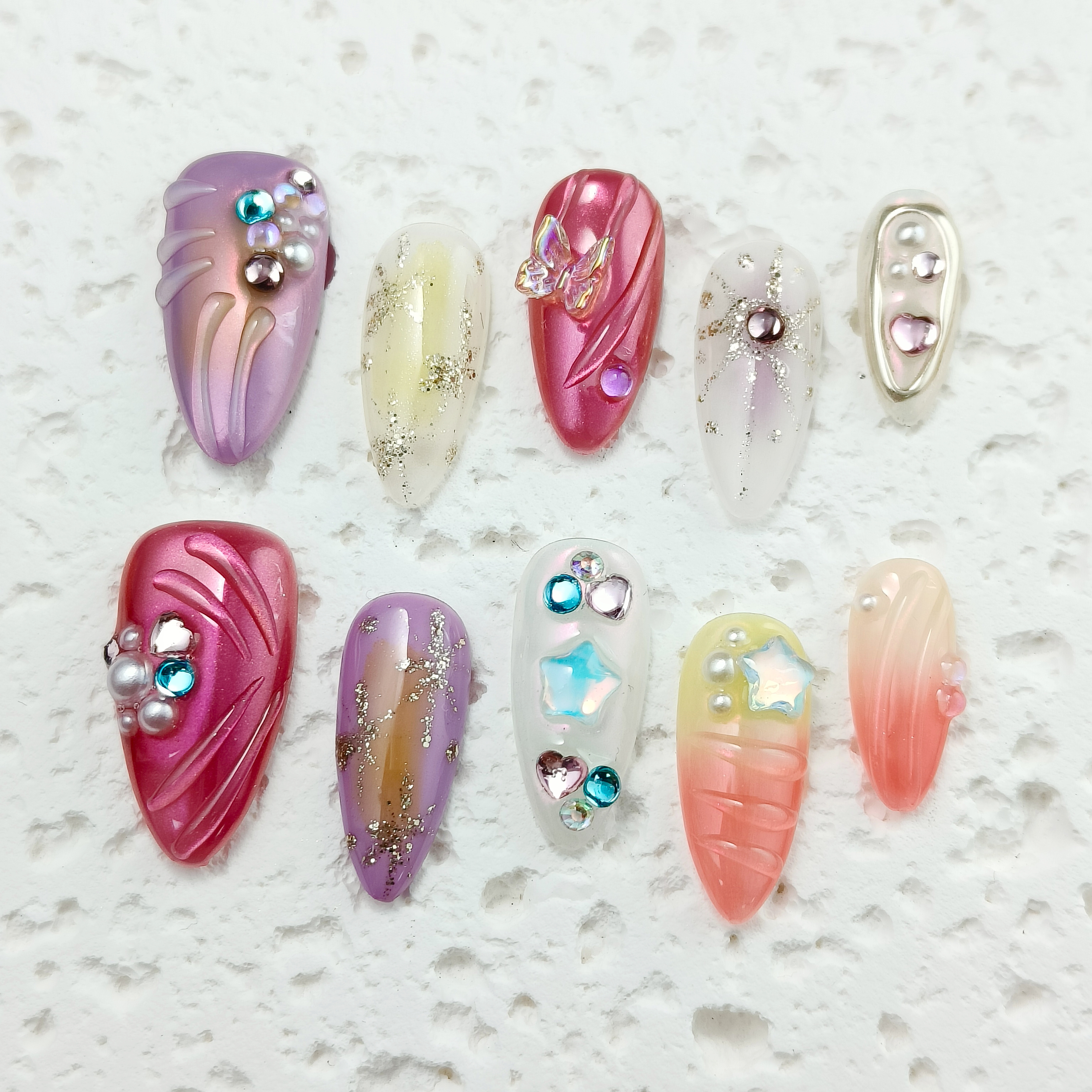 10pcs Handmade Press-on nails Medium Almond Nails Bundle Handraw 3D Ocean Collection Colorful Diamond Finished nail stickers Free storage box jelly gl