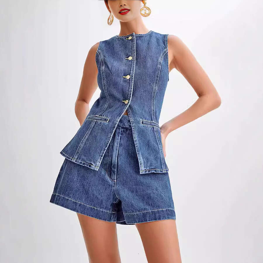 2025 Summer Fashion Casual Sleeveless High-Waisted Women's Set with Denim Shorts
