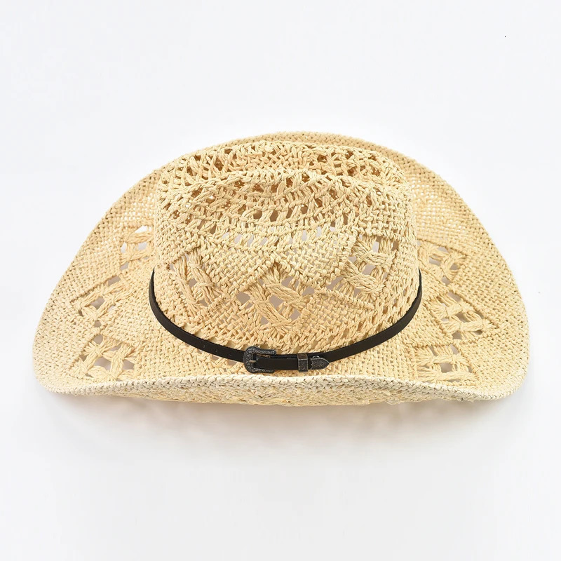Vintage Western Style Straw Hat for Men Women Summer Hollowing Out Travel Beach Sun Hat Gentleman Lady Cowgirl Jazz Hat 250526
