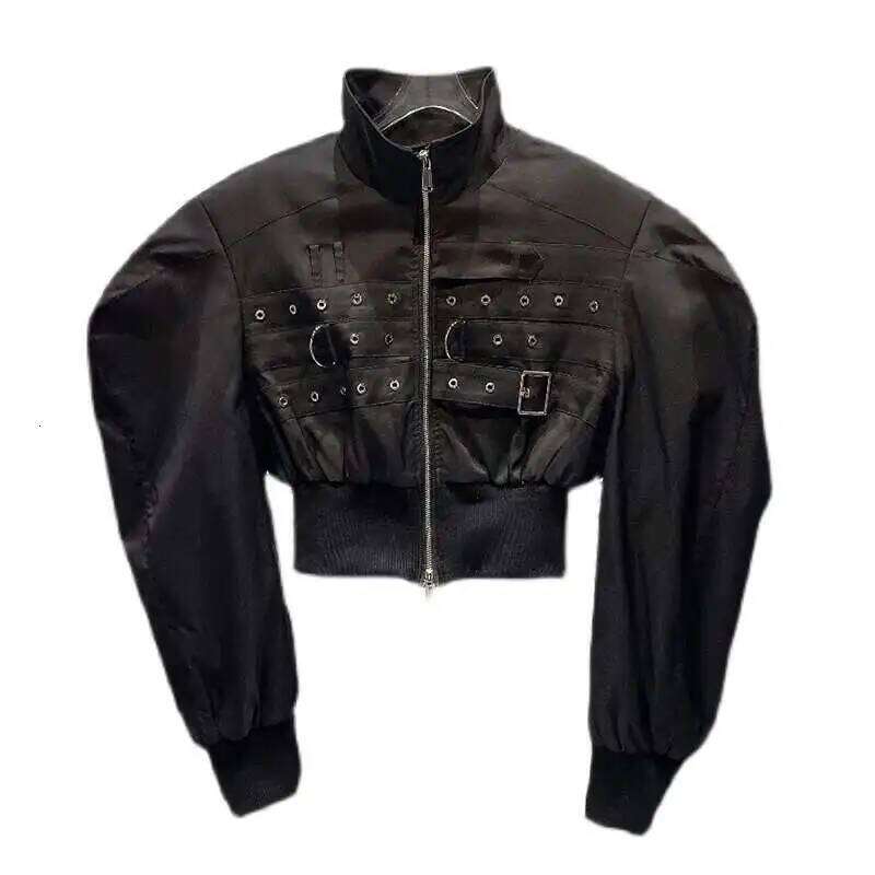 DEAT 2024 Autumn New Items Fashion Women's Strap Design Cargo Jacket High Street Shoulder Pad Stand Collar Short Coat 11A01002