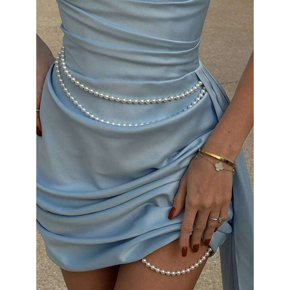 Pleated Pearl Chain Strapless Dress Waist Cinching Sexy Trailing Silk Satin Temperament Women Short Dresses Party Evening Gown