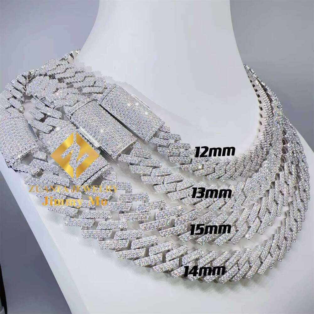 Hot Selling Pass Dia Tester Solid Sier 12mm 13mm 14mm 15mm Two Rows Iced Out Hip Hop VVS1 Moissanite Cuban Link Chain