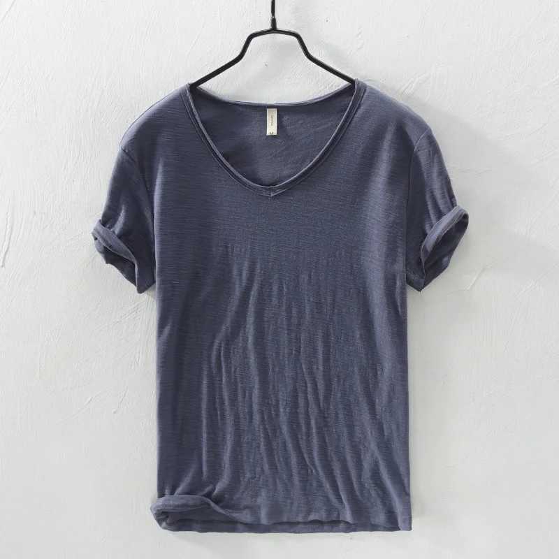 2025 New Mens T-Shirt Pure Color V Collar Short Sleeve Tops Tees Men T-Shirt Slim Men Bamboo Fiber T-Shirts Fitness Male Clothing Z250527