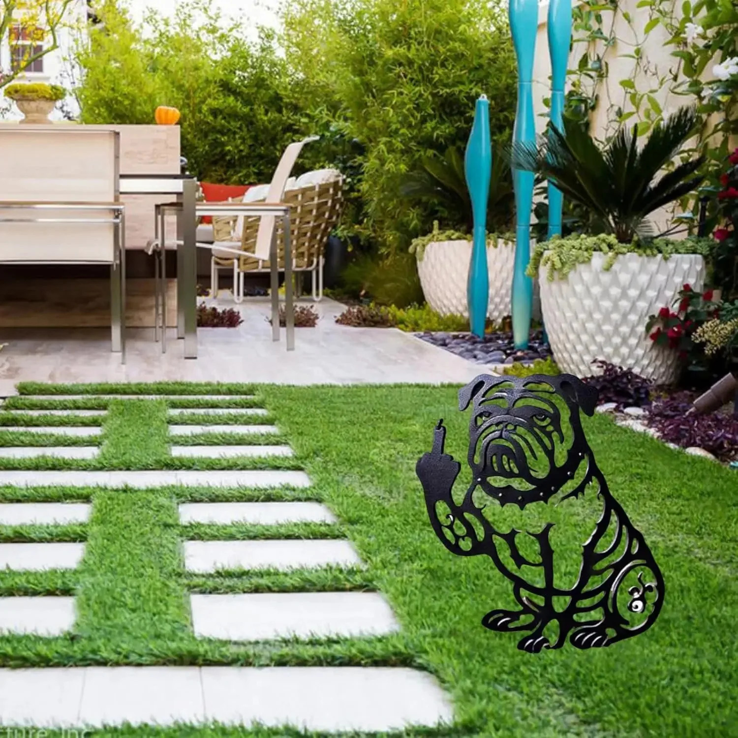 Funny Bulldog Metal Garden Decor French Middle Finger Bulldogs - Metal Dog Cutout Statues Welcome Sign for Yard Ornaments Lawn 250523