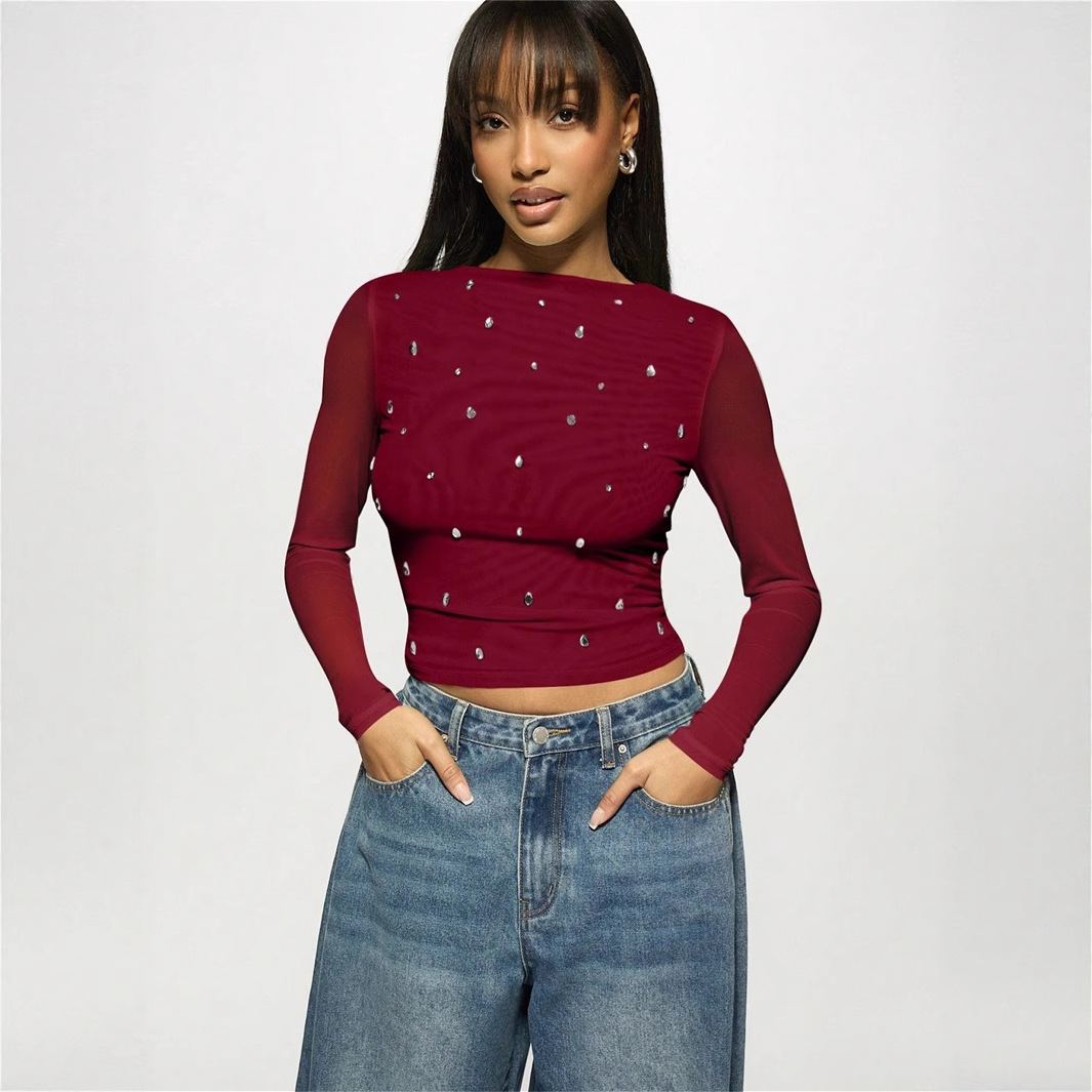 Summer new women's casual printed slim fit semi transparent hollow long sleeved T-shirt