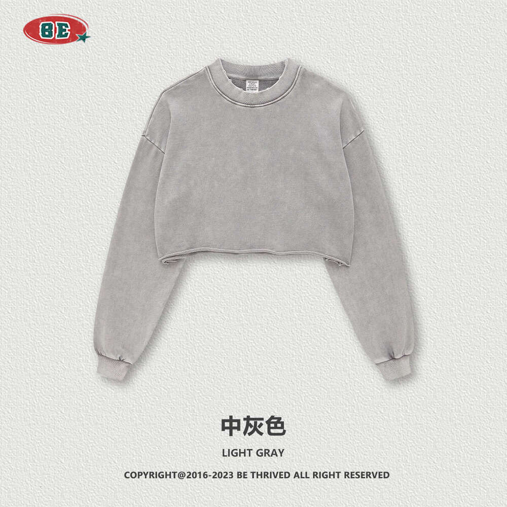 BE Women's Fashion|2025 Autumn Winter 380G Washed Frayed Short Spicy Girl Long Sleeve T-Shirt Street Fashion Brand Top for Women