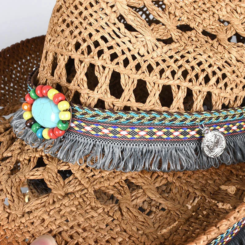 Western Bohemia Cowboy Hat Women Men Summer 2025 Vintage Beach Straw Cap Sun Hats Panama Cowgirl Jazz Cap Sombrero Hombre 250526