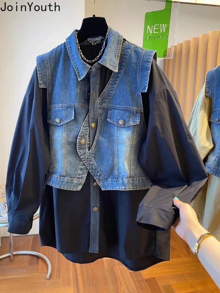 Fashion Blouse for Women Patchwork Denim Fake Two Shirts 2025 Blusas Mujer De Moda Casual Fashion Korean Oversized Y2k Tops 250523