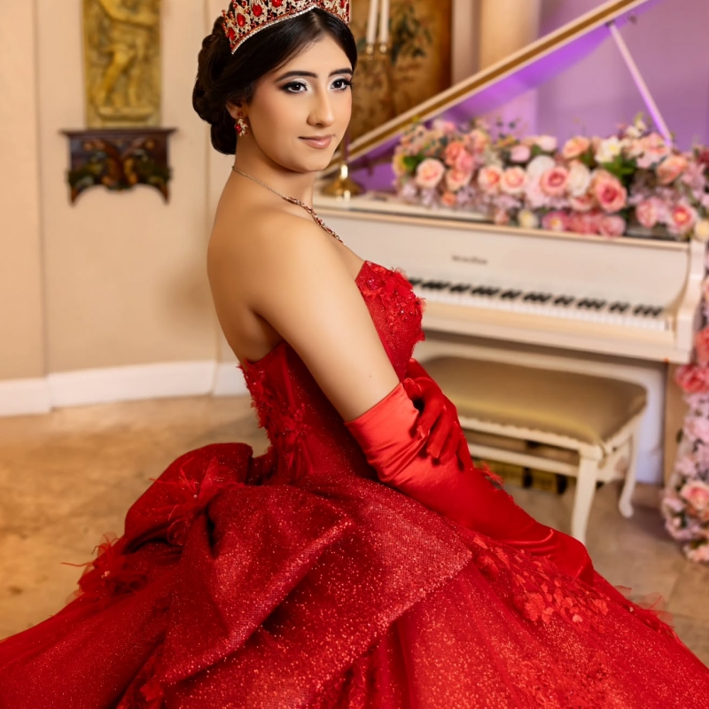 Red Shiny Quinceanera Dresses Ball Gown Off The Shoulder Applique Lace Beading Bow Tull Party Birthday Sweet 16 Dress Vestidos 15 Anos