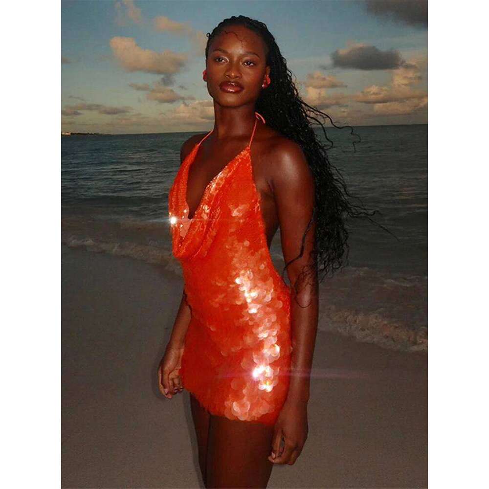 Sequins Glitter Halter Mini Dress Women Backless Sleeveless Evening Party Holiday High Waist Sexy Dresses 2025 New Fashion Night
